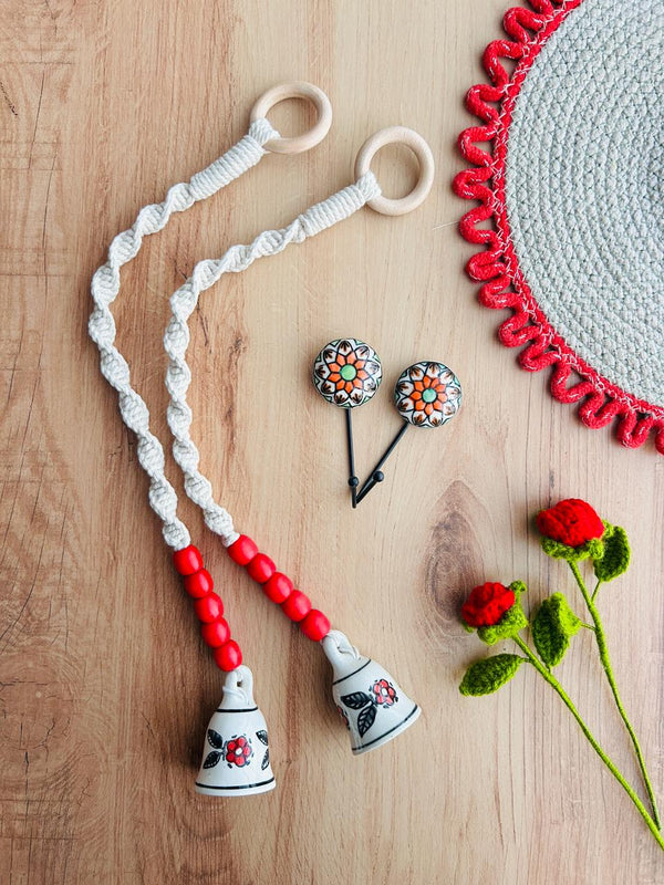 GULAAL | Panchratna Temple Chimes | Ceramic Macrame Bells with Ceramic Hooks