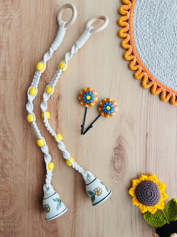 CHANDAN | Temple Chimes | Ceramic Macrame Bells with Ceramic Hooks
