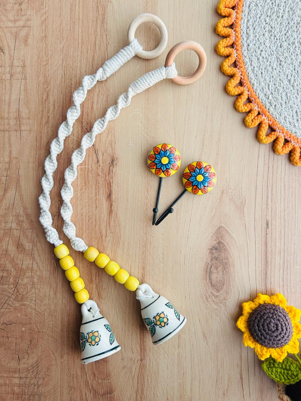 CHANDAN | Panchratna Temple Chimes | Ceramic Macrame Bells with Ceramic Hooks