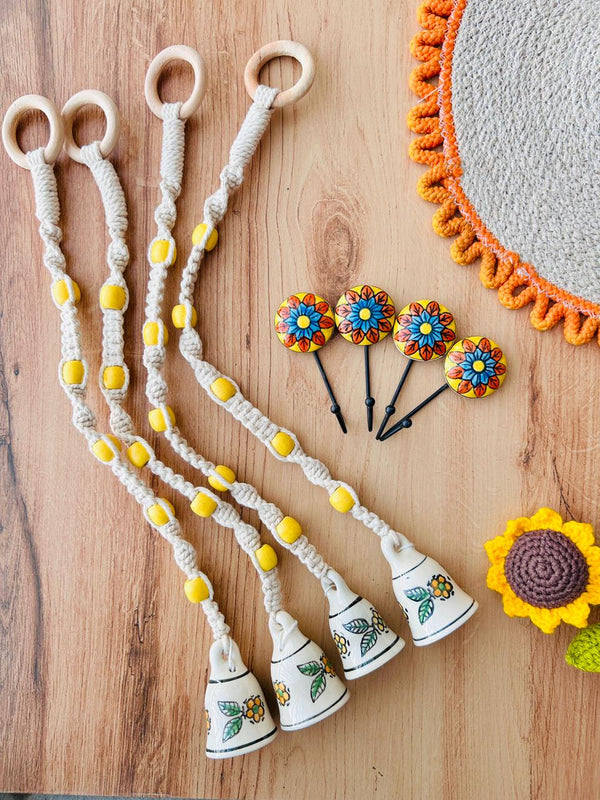 CHANDAN | Temple Chimes | Ceramic Macrame Bells with Ceramic Hooks