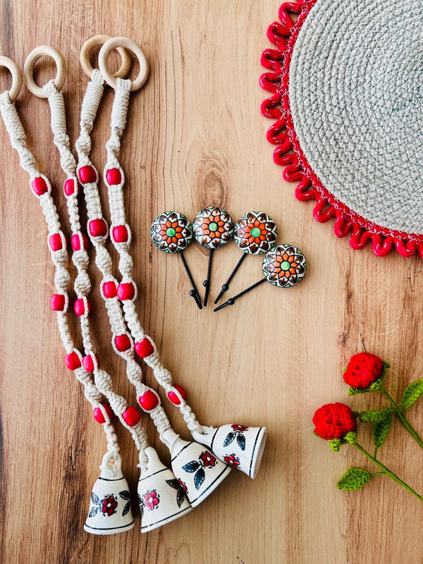GULAAL | Temple Chimes | Ceramic Macrame Bells with Ceramic Hooks
