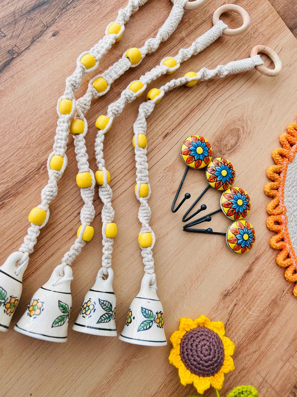 CHANDAN | Temple Chimes | Ceramic Macrame Bells with Ceramic Hooks