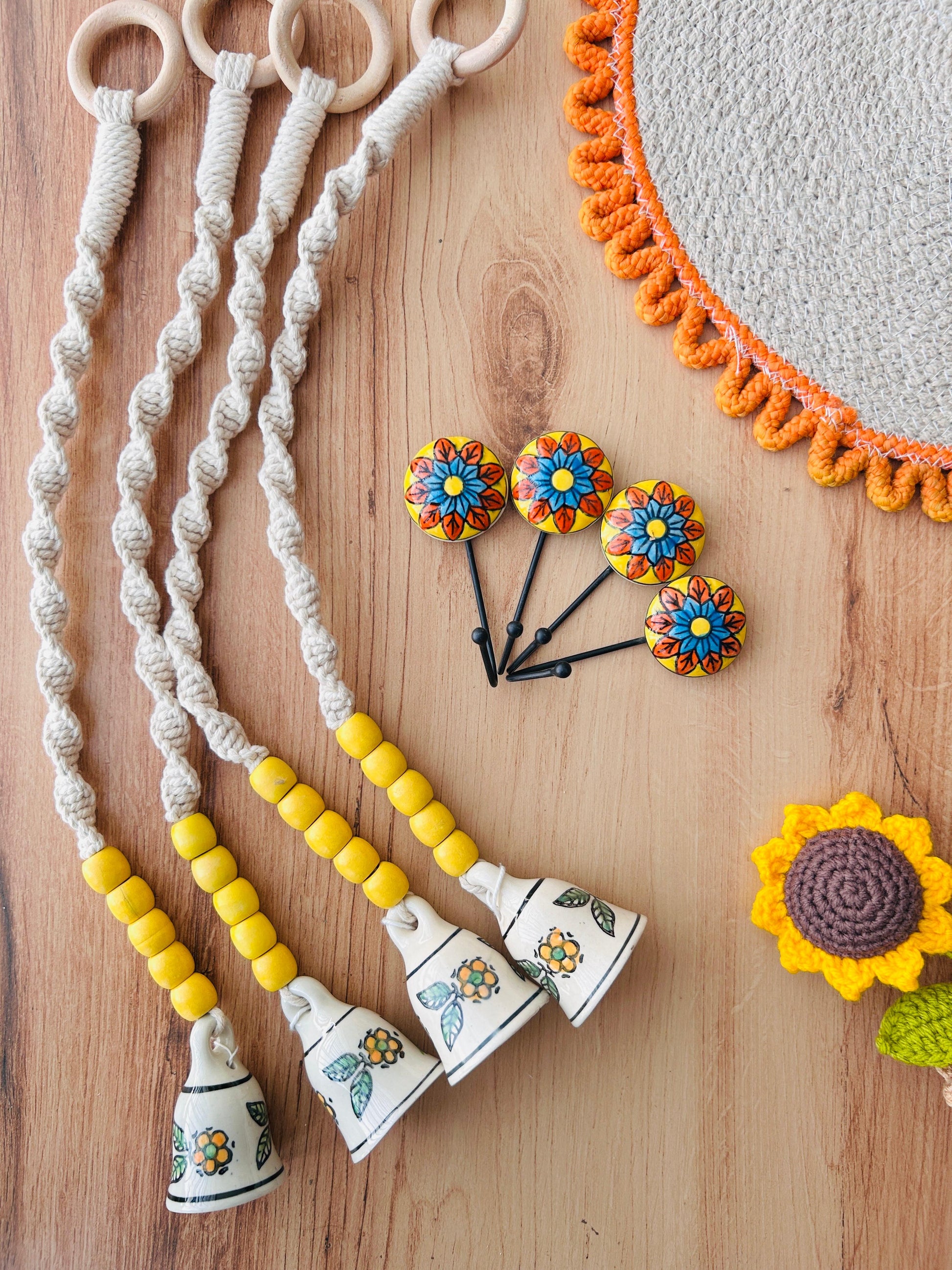 CHANDAN | Panchratna Temple Chimes | Ceramic Macrame Bells with Ceramic Hooks