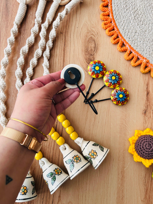 CHANDAN | Panchratna Temple Chimes | Ceramic Macrame Bells with Ceramic Hooks
