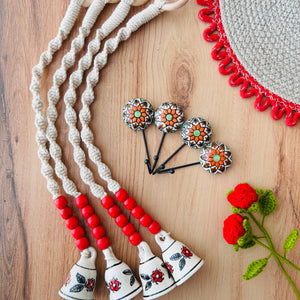GULAAL | Panchratna Temple Chimes | Ceramic Macrame Bells with Ceramic Hooks