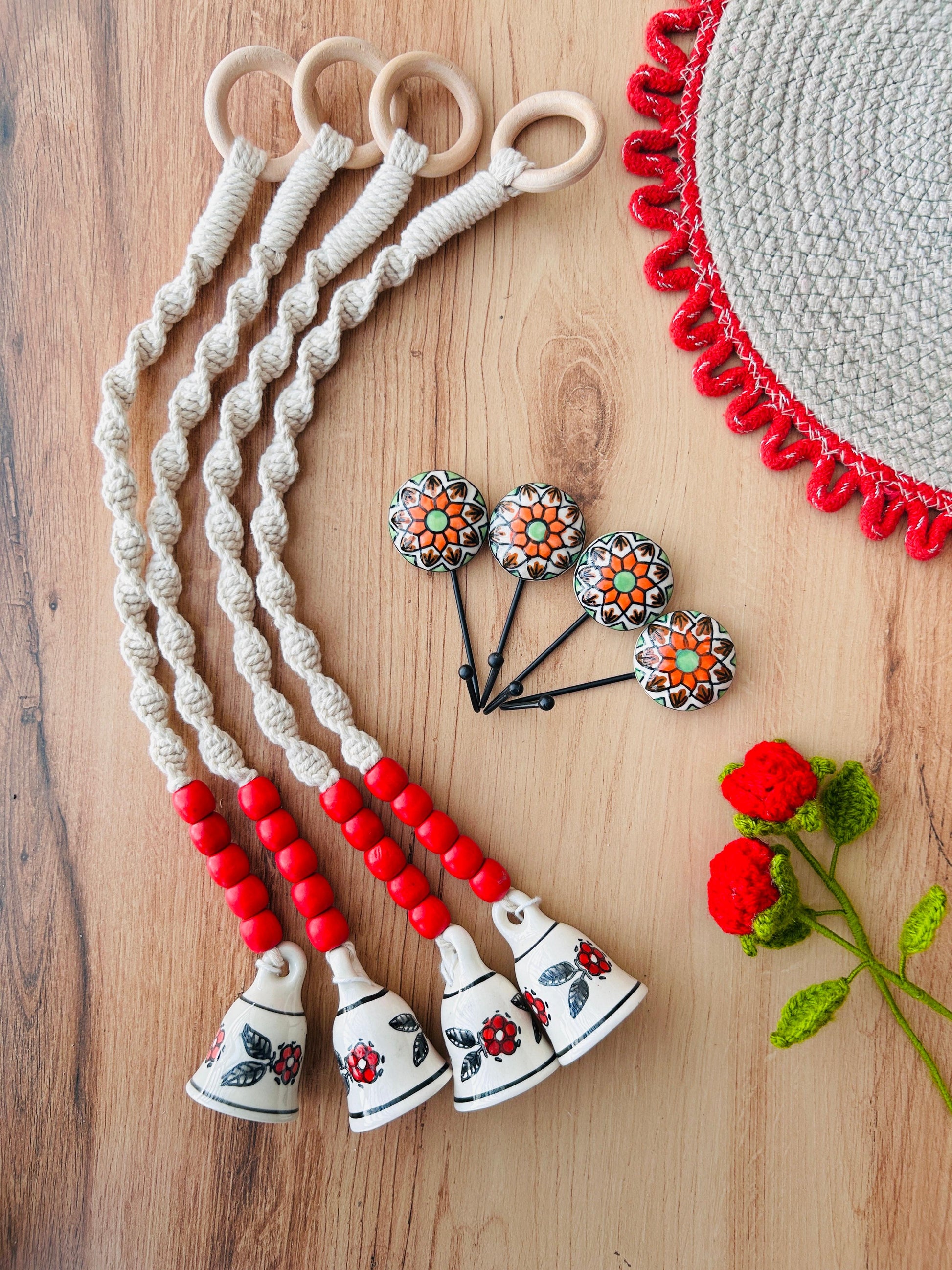 GULAAL | Panchratna Temple Chimes | Ceramic Macrame Bells with Ceramic Hooks