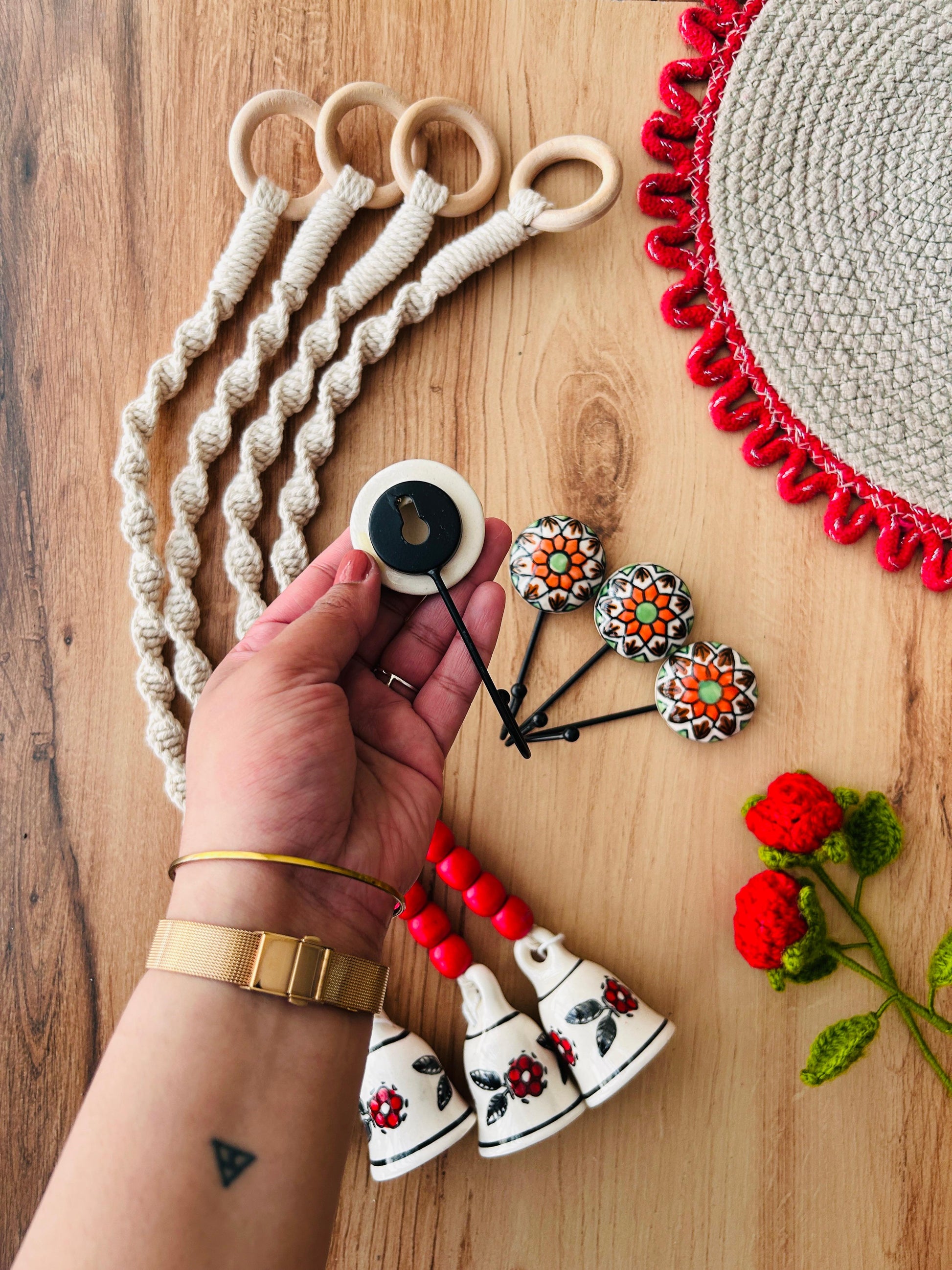 GULAAL | Panchratna Temple Chimes | Ceramic Macrame Bells with Ceramic Hooks