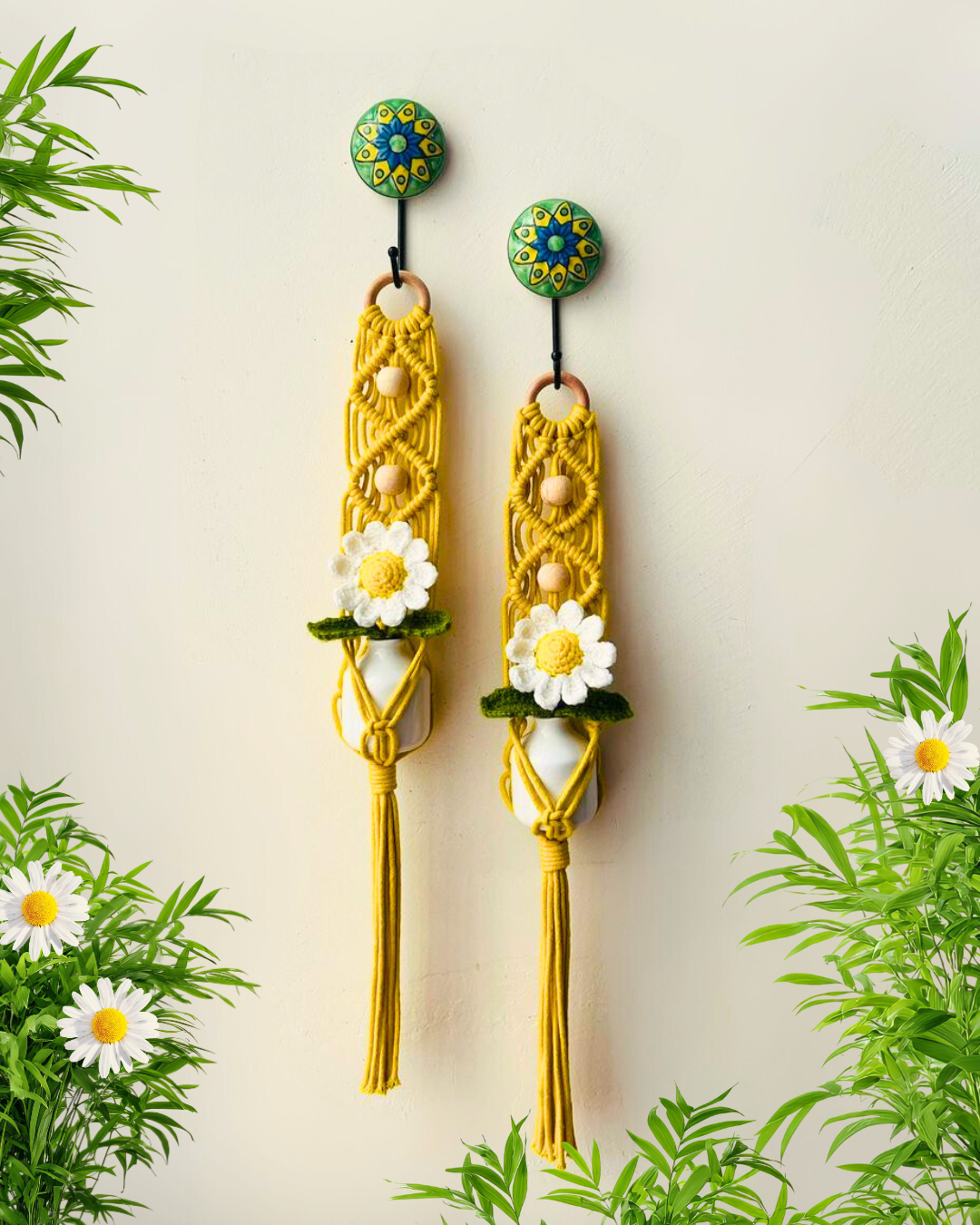 Mac-crochet Collection | A PAIR of Macrame plant hangers with crochet flowers in ceramic bottle vases