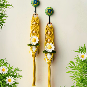 Mac-crochet Collection | A PAIR of Macrame plant hangers with crochet flowers in ceramic bottle vases