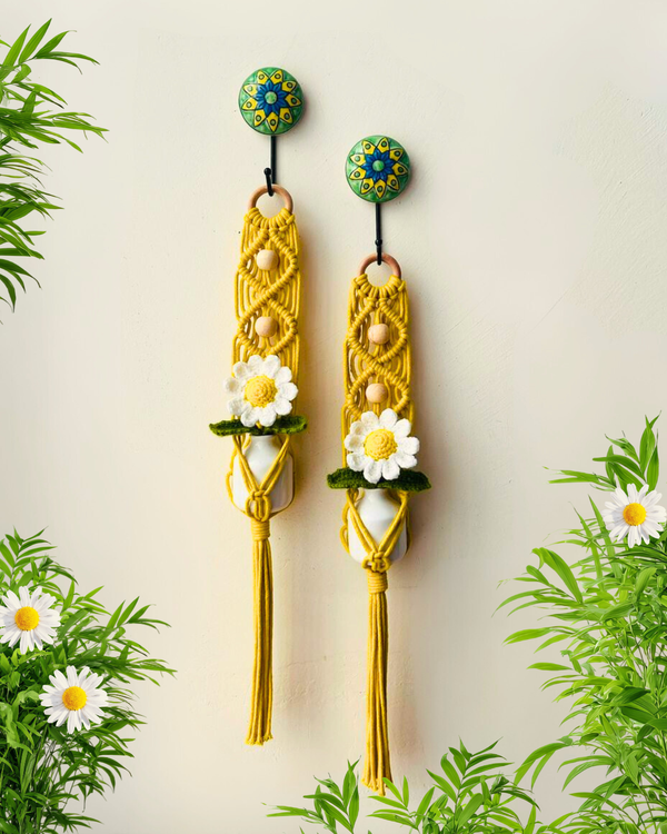 Mac-crochet Collection | A PAIR of Macrame plant hangers with crochet flowers in ceramic bottle vases