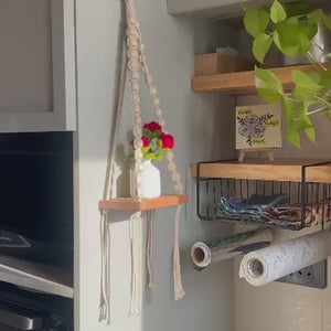 Ivory Bloom Rose Macramé Shelf | Macrame-Beaded Handmade Wall shelf with crochet flowers in ceramic bottle vase