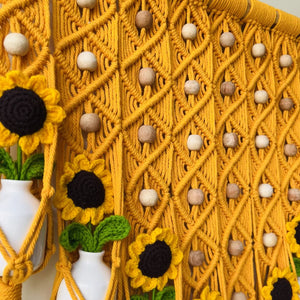 Mac-crochet Collection | Big Handmade Sunflower Macrame Wall Hanging with hand knitted crochet flowers and ceramic white bottle vases