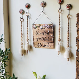 Rustic Serenity Wall Set with 4 Ceramic Wooden Beaded Ivory Bells  | Wall Decor
