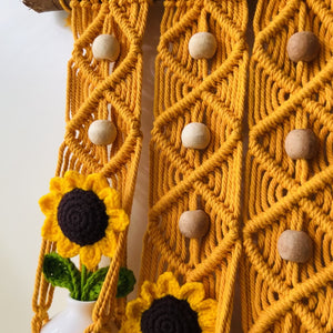 Mac-crochet Collection | Big Handmade Sunflower Macrame Wall Hanging with hand knitted crochet flowers and ceramic white bottle vases