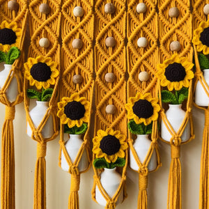 Mac-crochet Collection | Big Handmade Sunflower Macrame Wall Hanging with hand knitted crochet flowers and ceramic white bottle vases