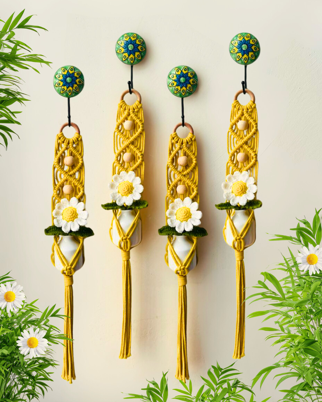 Mac-crochet Collection | A SET of 4 | Macrame plant hangers with crochet flowers in ceramic bottle vases