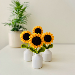 Sunflower | Crochet flower | in Small White Ceramic Bottle Vase – Miniature Table Decor