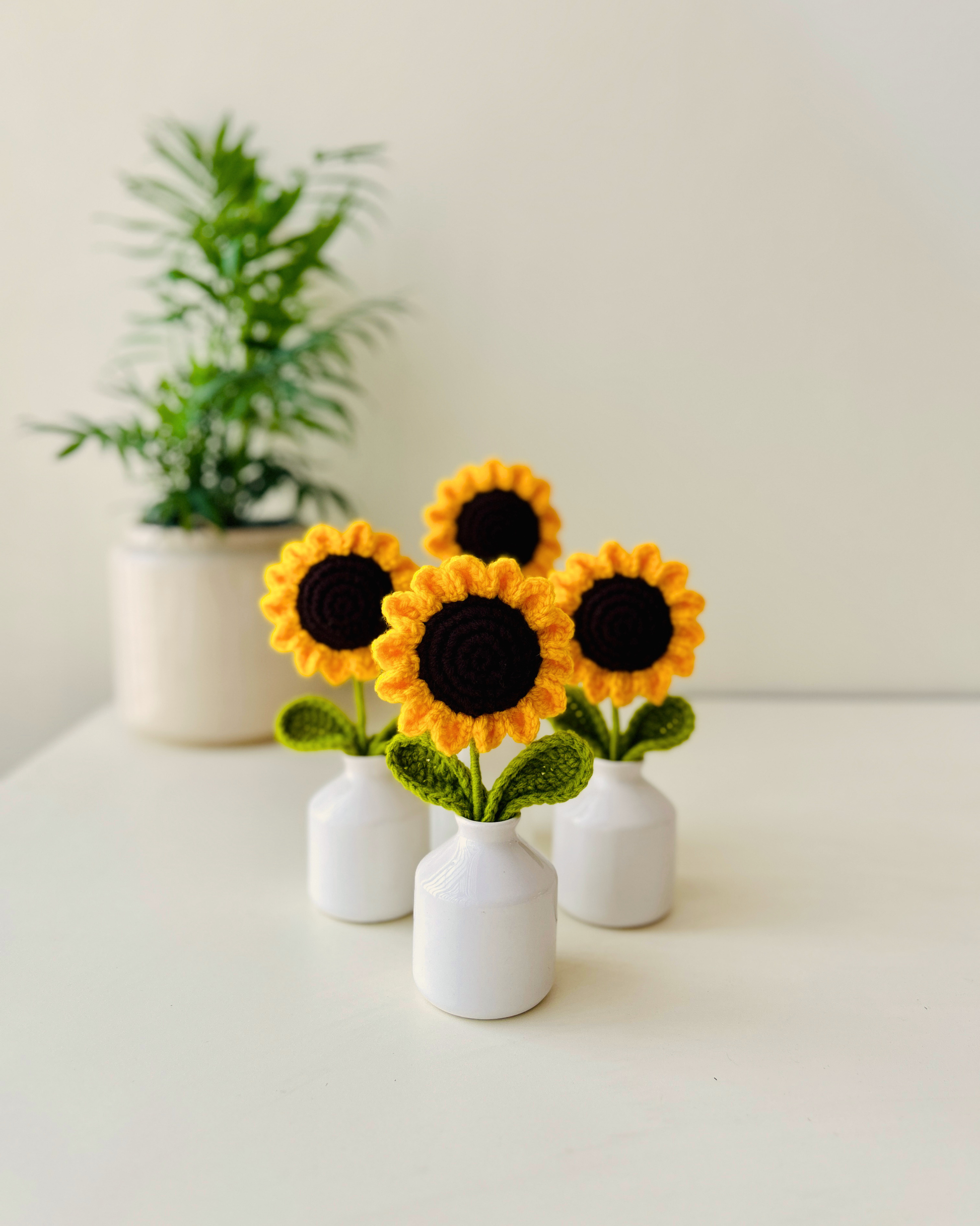 Sunflower | Crochet flower | in Small White Ceramic Bottle Vase – Miniature Table Decor