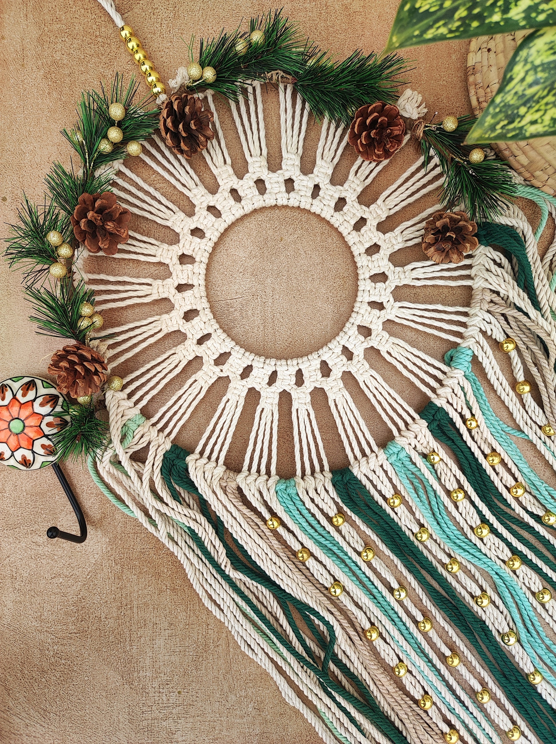 Forest green macrame dream catcher with ceramic wall hook