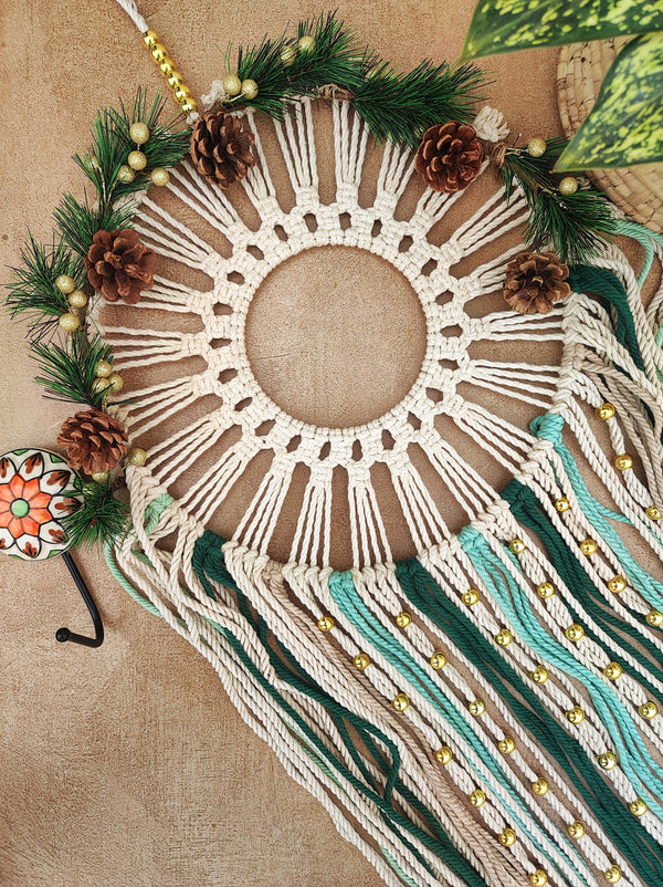 Forest green macrame dream catcher with ceramic wall hook