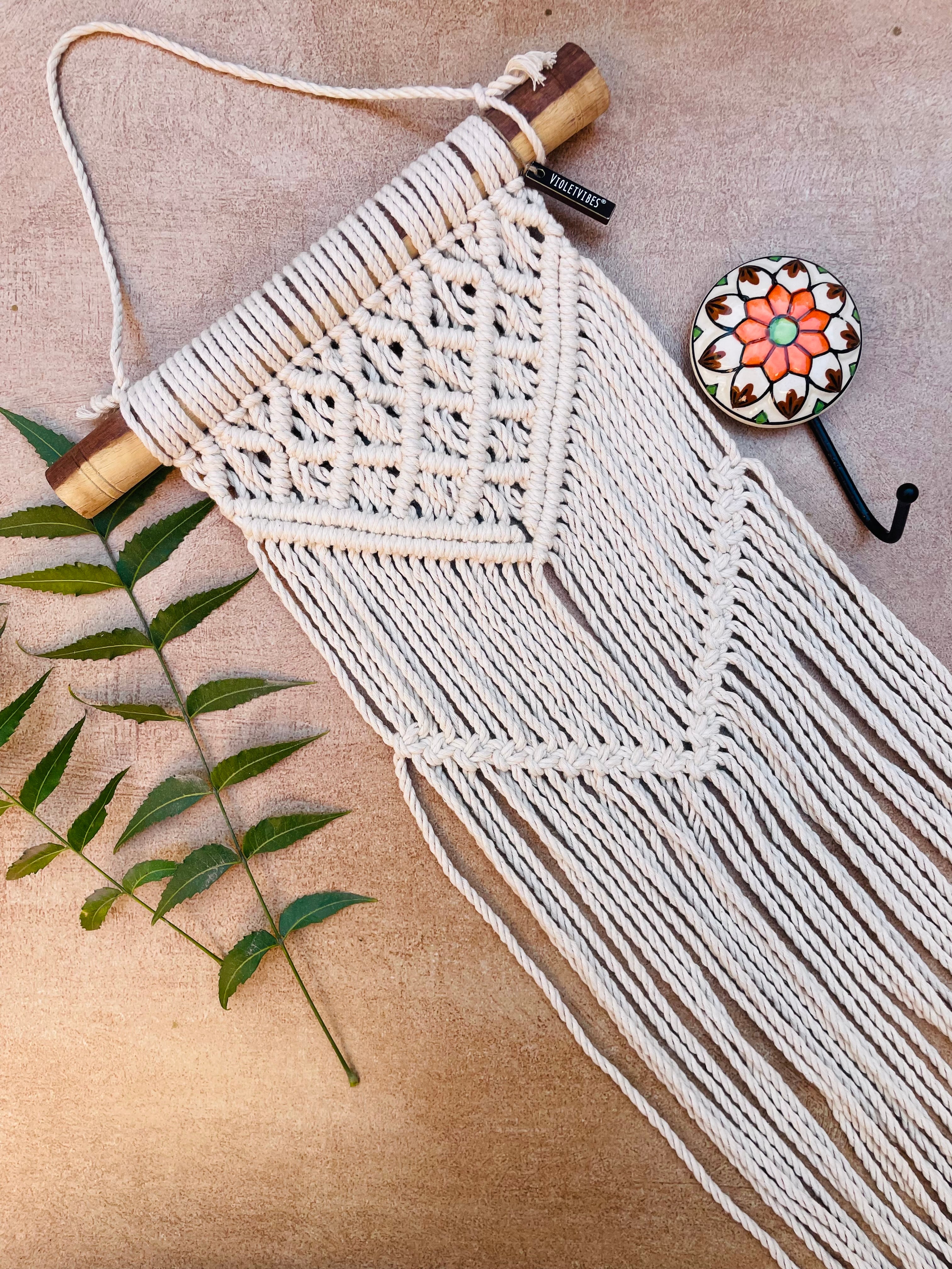 Diamond' Layered Macrame Wall Hanging - Natural White with ceramic