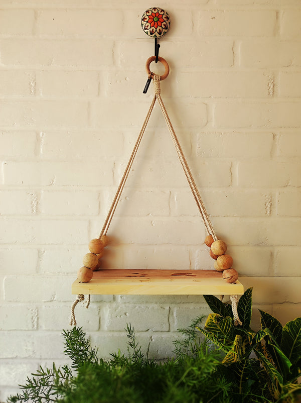 Natural Wood Macrame Shelf with owl planters and a ceramic  hook