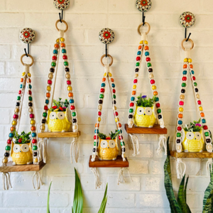 ‘Colorful Macrame Beaded’ Mini Wall Shelves with ceramic hooks and ceramic owl planters