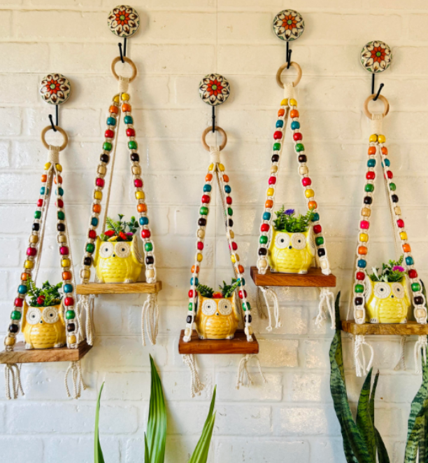 ‘Colorful Macrame Beaded’ Mini Wall Shelves with ceramic hooks and ceramic owl planters