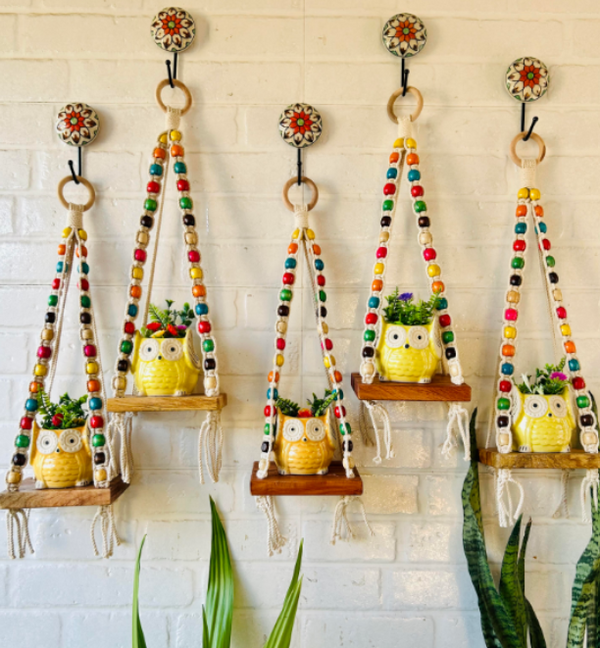 ‘Colorful Macrame Beaded’ Mini Wall Shelves with ceramic hooks and ceramic owl planters