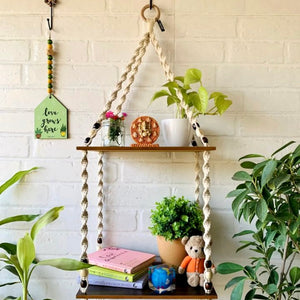 Double Tier Macrame Shelf and Love Grows Here Beaded Hut with Ceramic hooks