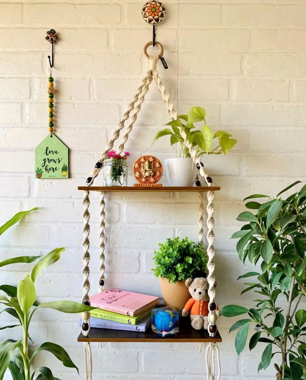 Double Tier Macrame Shelf and Love Grows Here Beaded Hut with Ceramic hooks