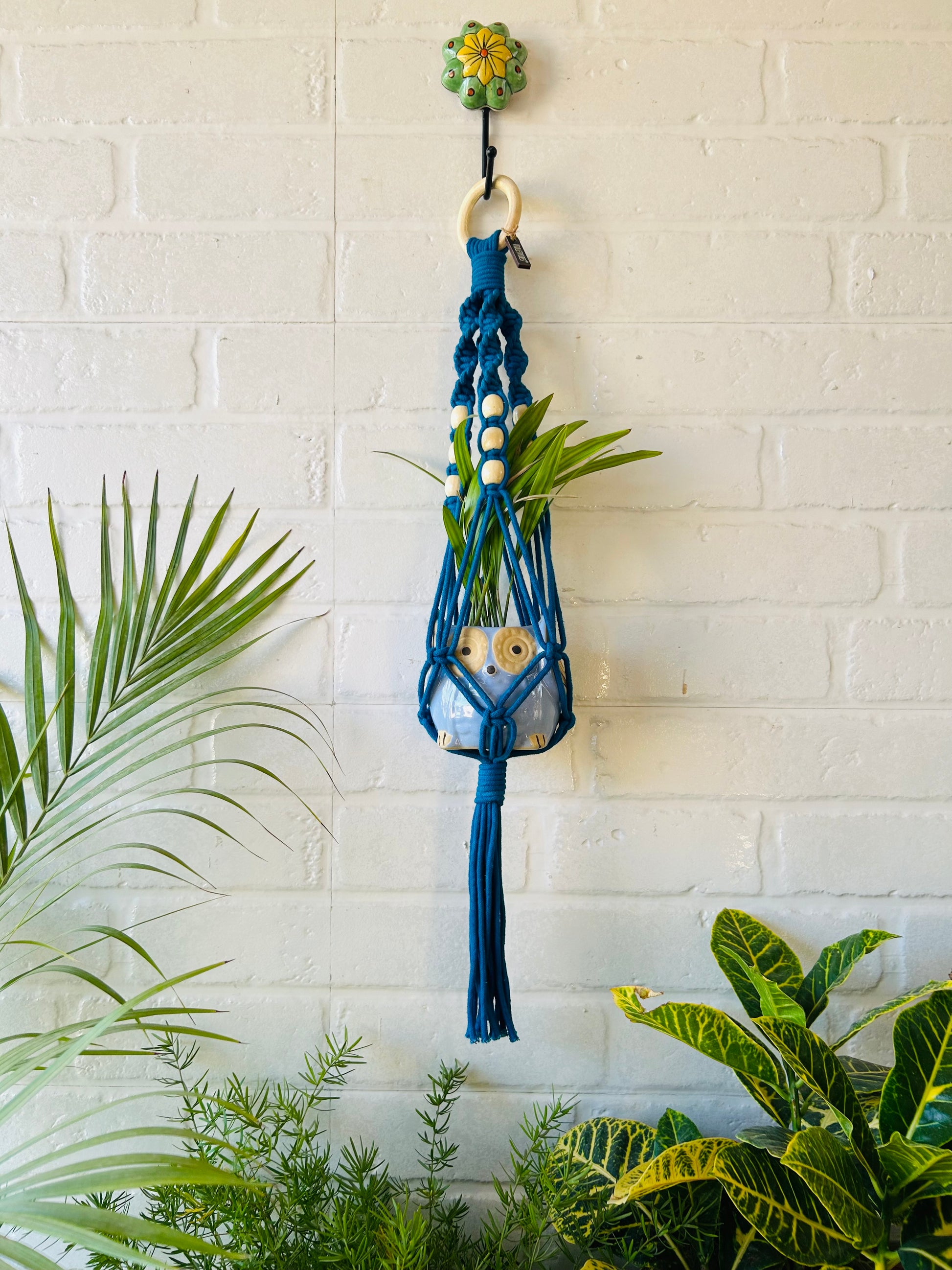 Top Spiral Macrame Plant Hangers with ceramic pots and ceramic hooks