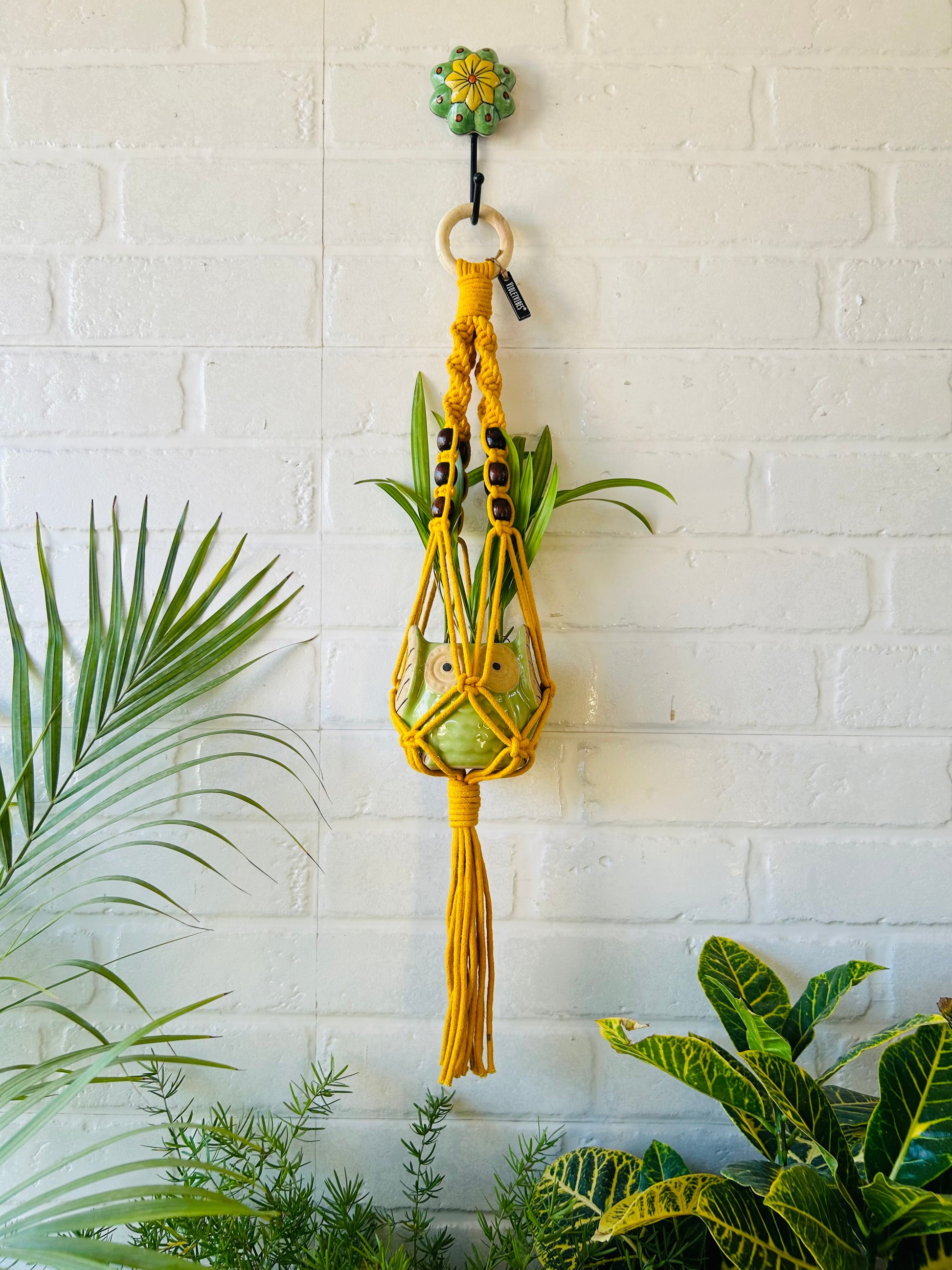 Top Spiral Macrame Plant Hangers with ceramic pots and ceramic hooks