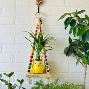 ‘Colorful Macrame Beaded’ Mini Wall Shelves with ceramic hooks and ceramic owl planters