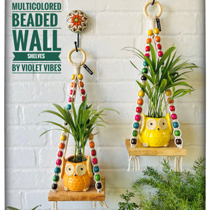 ‘Colorful Macrame Beaded’ Mini Wall Shelves with ceramic hooks and ceramic owl planters