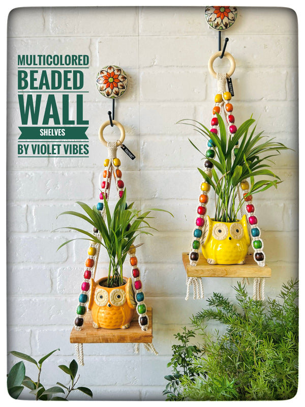 ‘Colorful Macrame Beaded’ Mini Wall Shelves with ceramic hooks and ceramic owl planters