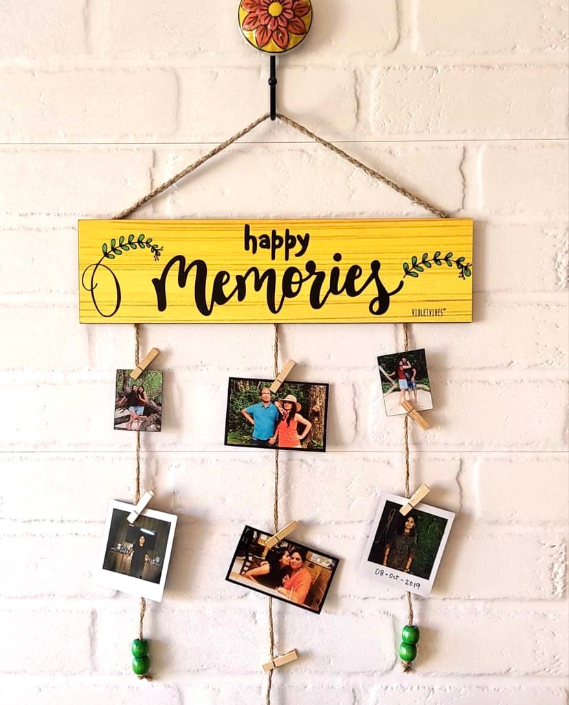 Happy Memories" photo hanger (Yellow) with ceramic hook