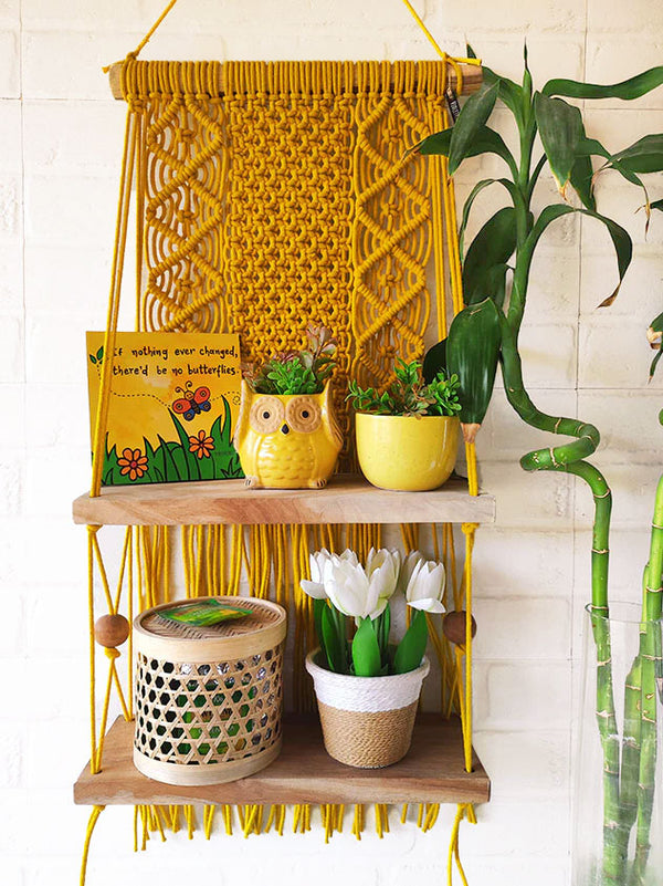 Intricate Macrame Double Wall Shelf | Yellow