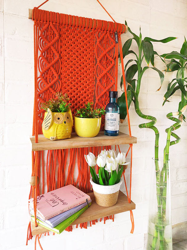 Intricate Macrame Double Wall Shelf | Orange