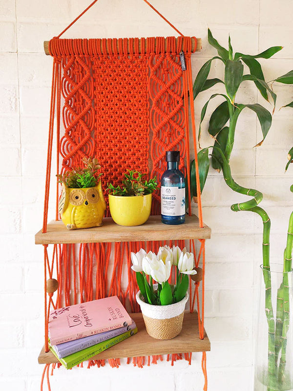 Intricate Macrame Double Wall Shelf | Orange